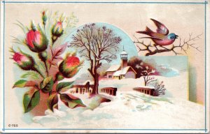 Trade Card - Woolson Spice - Winter scene with church bird and flowers