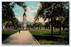 c1910 Public Square Carnegie Library & Alleghenny Market Pittsburgh PA Postcard