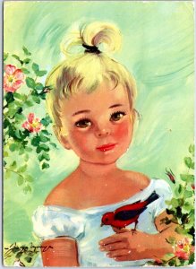 VINTAGE CONTINENTAL SIZE POSTCARD SIGNED ARTIST YOUNG GIRL BIRDIE FRANCE 1962