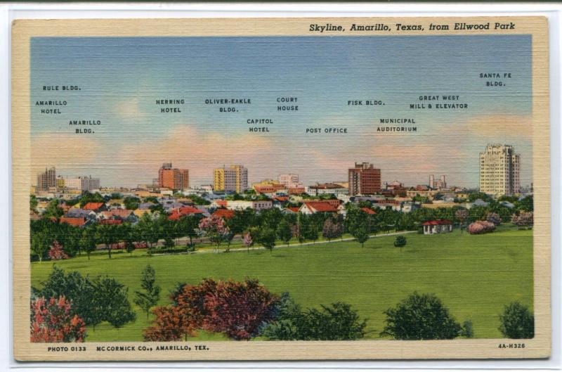 Named Buildings Skyline Amarillo Texas 1940s postcard