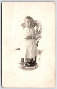 Sand Coulee? MT Toddler Cousin Stands @ Chair Vignette~Toy Cat~Hubbard Iowa~RPPC