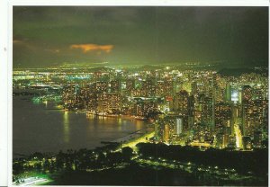 Hawaii Postcard - Aloha - Waikiki at Night - Top of Diamond Head Crater AB1274