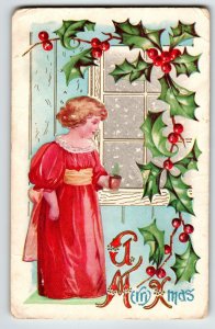 Christmas Postcard Women By Window Holding Cup Vintage Embossed Poinsettias