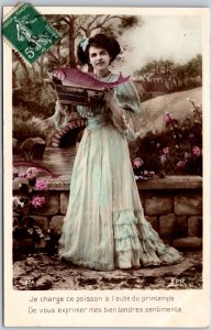 Beautiful Woman White Gown, Holding Basket With Big Fish, Vintage Postcard