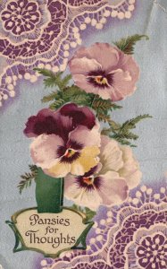 Vintage Postcard 1910 Pansies for Thoughts Greetings Card Purple Flowers Floral