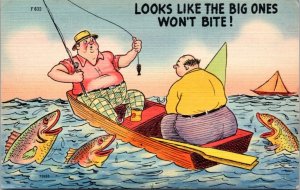 Postcard Comic Fat men fishing - looks like the big ones won't bite