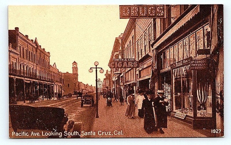 SANTA CRUZ, CA California ~ PACIFIC AVENUE STREET SCENE c1910s Sepia Postcard
