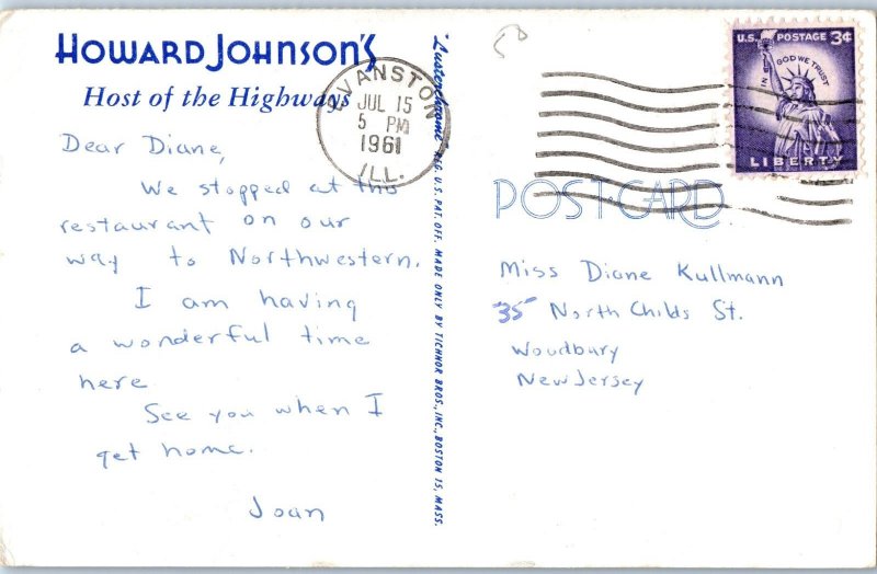 Howard Johnson Evanston Illinois Postcard Posted 1961