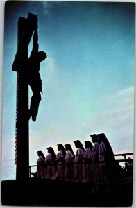 Largest Wooden and Bronze Crucifix Catholic Shrine Indian River MI Postcard C20