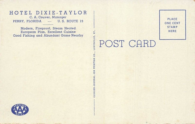 PERRY FLORIDA~HOTEL DIXIE TAYLOR~1920s POSTCARD
