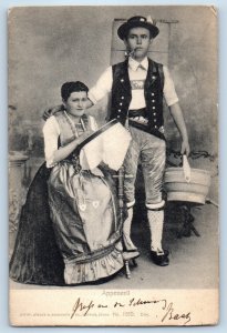 St. Gallen Switzerland Postcard Appenzell Couple Cigarette Pipe Sewing 1912