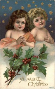 Christmas Sweet Little Girl and Boy Toddlers Holly Stars c1910 Vintage Postcard