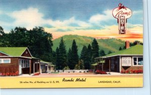 LAKEHEAD, CA California ~ Roadside RAMBI MOTEL 1954 Shasta County Linen Postcard