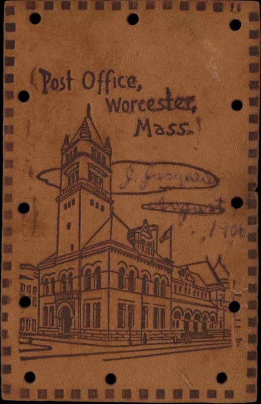 Worcester Massachusetts MA Post Office Real Leather Novelty c1910 Postcard