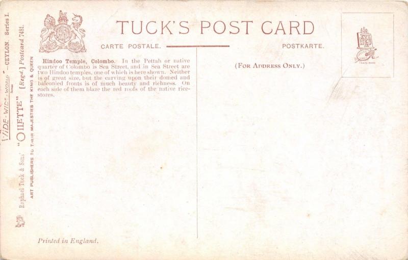 COLOMBO CEYLON~HINDU TEMPLE~TUCK POSTCARD~LOUIS van DECKER BELGIAN TECHNICAL ADV