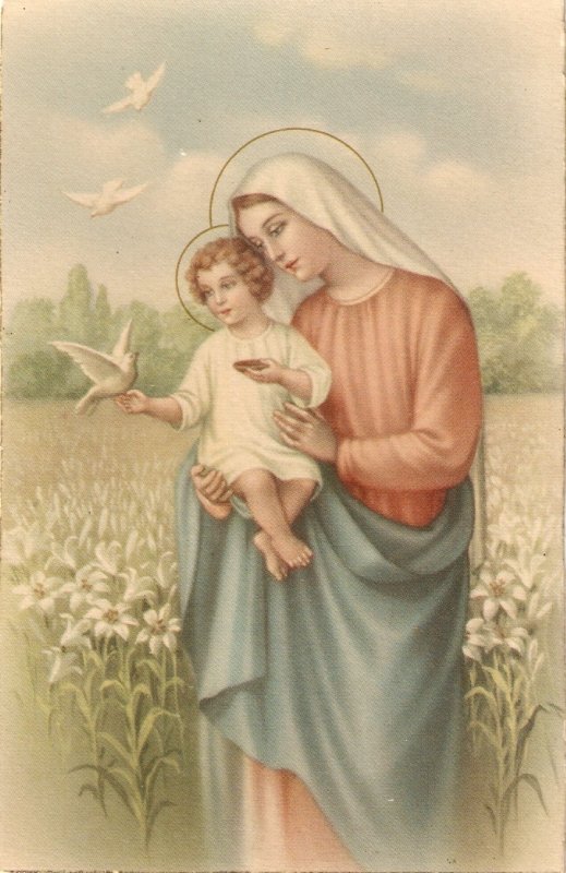 Virgin with the Child. Feeding doves Vintage Spanish reigious postcard