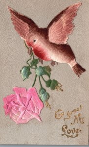 Vintage Postcard To Greet My Love Greetings Card Flying Little Bird w/ Pink Rose