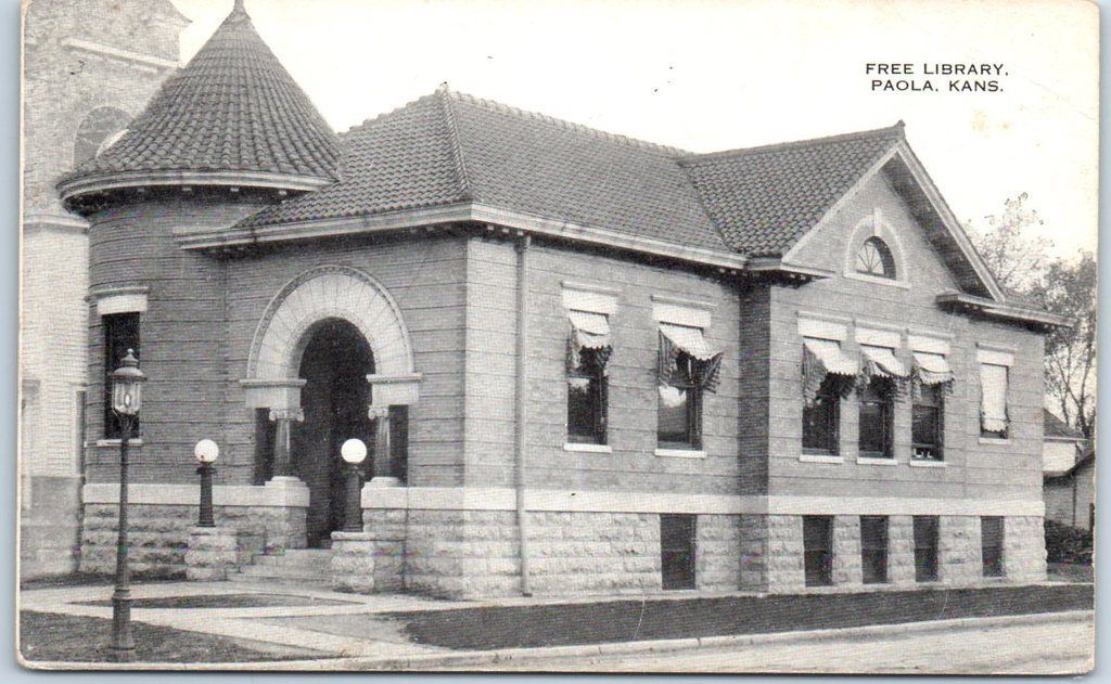 Paola Kansas Postcard Free Library Building Front View C1920s Unused Hippostcard