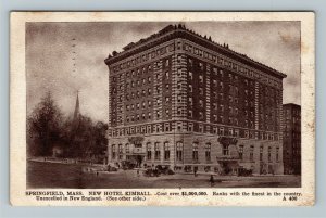 Springfield MA-Massachusetts, New Hotel Kimball, Vintage c1911 Postcard 
