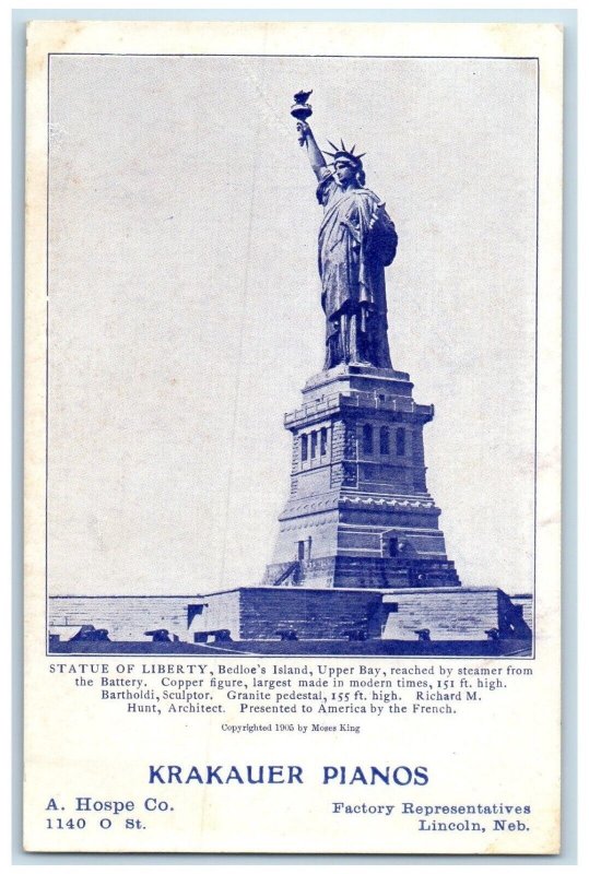 Statue Of Liberty Bedloe's Island Krakauer Pianos Lincoln Nebraska NE Postcard