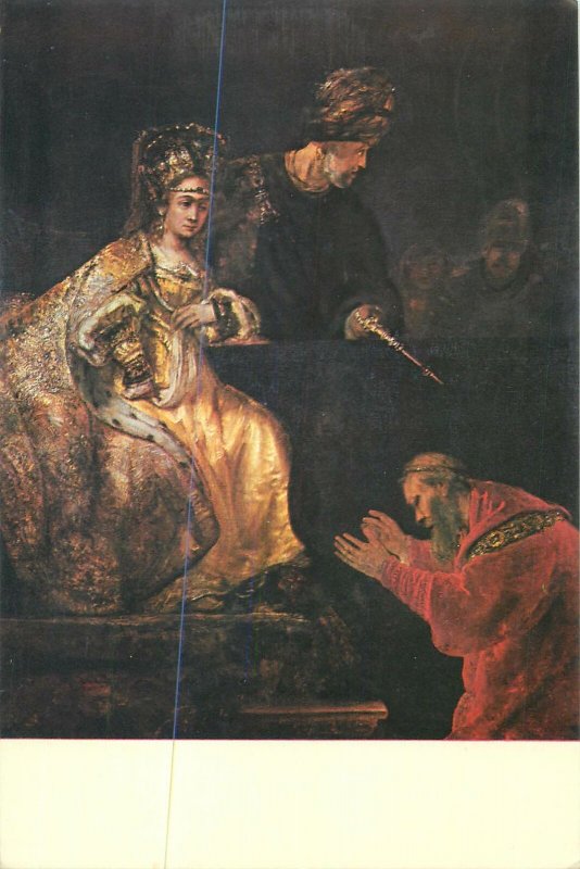 Postcard Haman begging Esther's forgiveness painting by Rembrandt van Rijn
