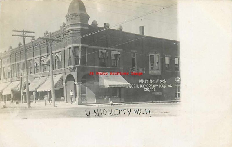 MI, Union City, Michigan, RPPC, GK Whiting Drug Store, Exterior View, Photo