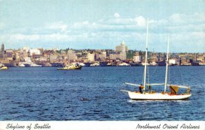 Northwest Orient Airlines Advertising  SKYLINE OF SEATTLE   Sailboat    Postcard