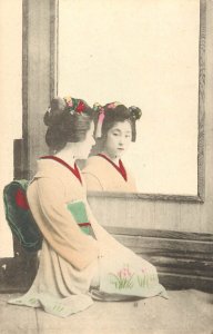 Hand Colored Postcard Japanese Woman in Kimono Sits In Front Of Mirror