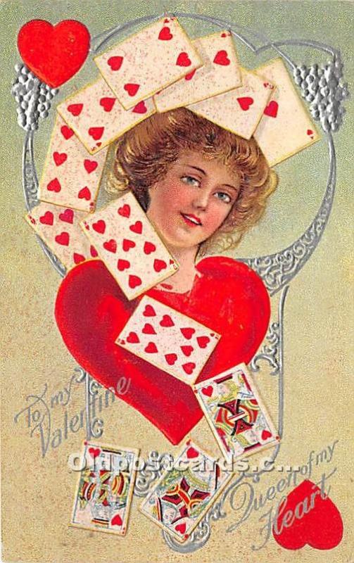 Old Vintage Gambling Postcard Post Card Queen of Hearts, Valentine 1910