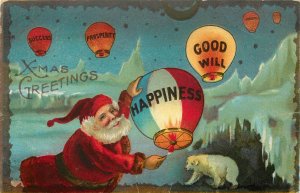 Christmas Postcard Santa Claus Releases Hot Air Balloon Lanterns & Polar Bear