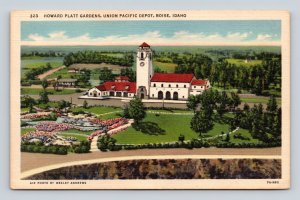 Howard Platt Gardens Union Pacific Depot Boise ID UNP Unused Linen Postcard M9