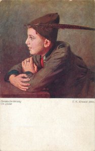 Fine art postcard painting I.V. Krause un gosse boy with feather hat