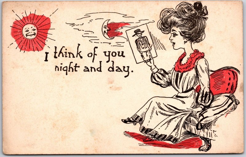 I Think Of You Night And Day Girl Holding Boy Picture Comic Postcard