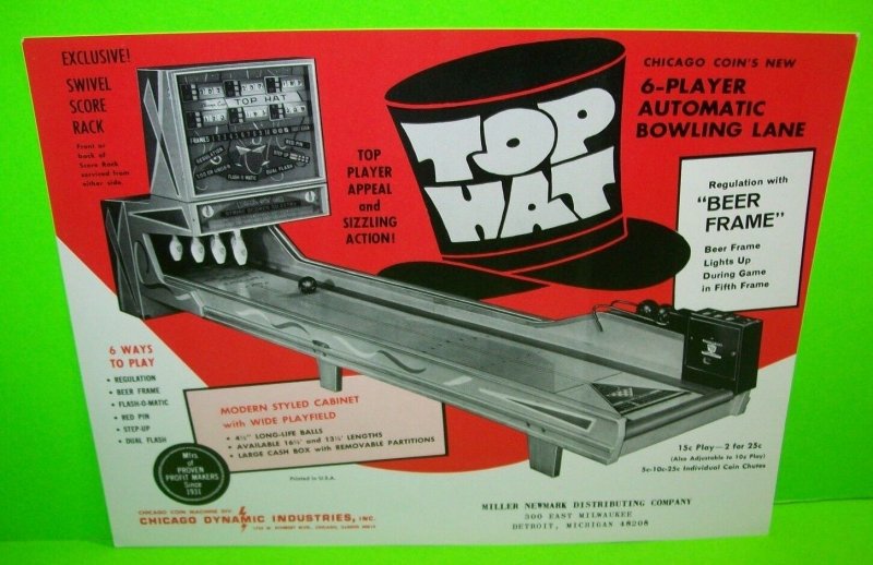 Top Hat Arcade Game Flyer Original Ball Bowling Alley Promo Chicago Coin 1969