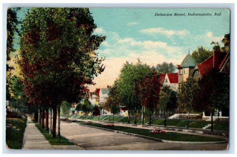 1910 Delaware Street Road Sidewalk Houses Indianapolis Indiana Vintage Postcard 