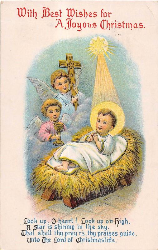 Christmas Greetings Nativity Scene With Angels And Halo'd Baby Antique PC V14766 