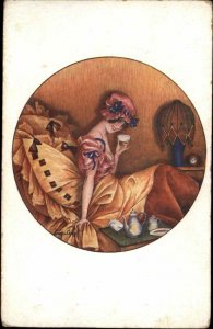 Art Deco Xavier Sager Beautiful Woman Tea Set Tiffany Lamp Vintage Postcard