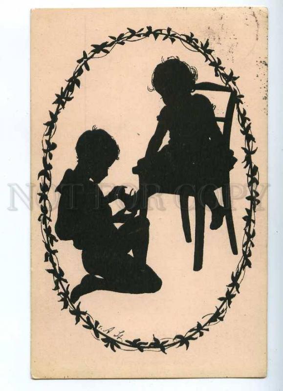 187365 SILHOUETTE Charming Kids in Egg EASTER Vintage PC