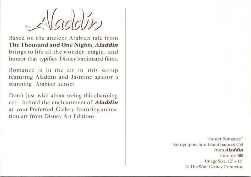 2~4X6 Postcards Walt Disney Animation  ALADDIN  Prince Ali~Jasmine~Jafar MOVIE
