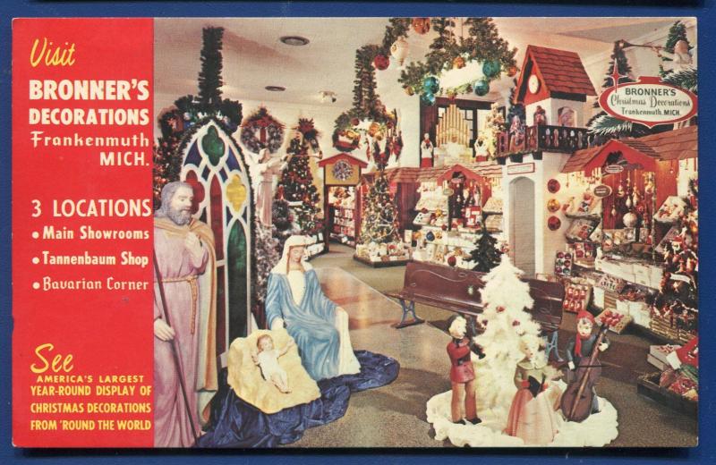 Michigan MI Frankenmuth Bronner's Christmas Decoration Advertising Postcard