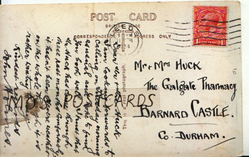 Genealogy Postcard - Huck - Galgate Pharmacy - Barnard Castle - Co Durham  9019A