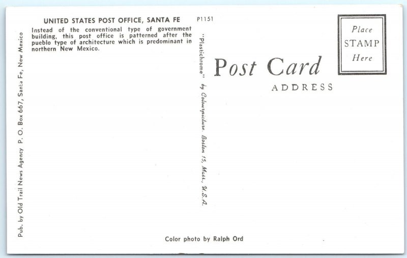 c1950s Santa Fe, NM United State Postal Service Plastichrome Photo Postcard A61