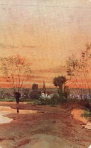 Vintage Postcard 1910's Beautiful Sunset Scene Countryside House Trees Painting