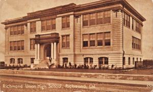 RICHMOND CALIFORNIA~UNION HIGH SCHOOL POSTCARD  MESSAGE: WOMAN MOTORCYCLE RIDER