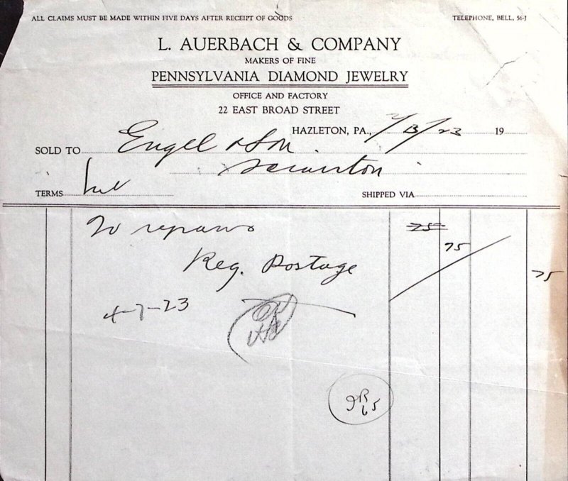 1923 HAZLETON PENNSYLVANIA L AUERBACH & CO DIAMOND JEWELRY BILLHEAD INVOICE Z186