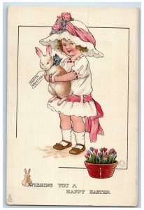 c1910's Happy Easter Girl Big Hat With Rabbit Flowers Tuck's Antique Postcard