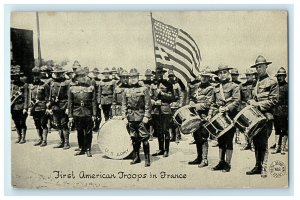 c1910s First American Troops in France Holding US Flag and Drums Postcard 