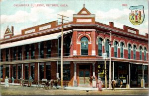 Postcard Oklahoma Building Bank Drug Store Street Scene in Guthrie, Oklahoma