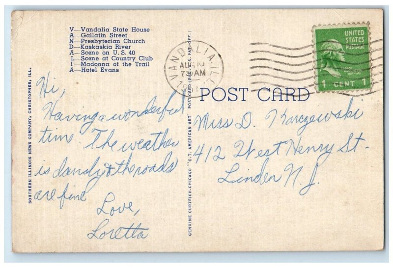 1951 Greetings From Vandalia Illinois IL, Large Letters Posted Vintage Postcard 