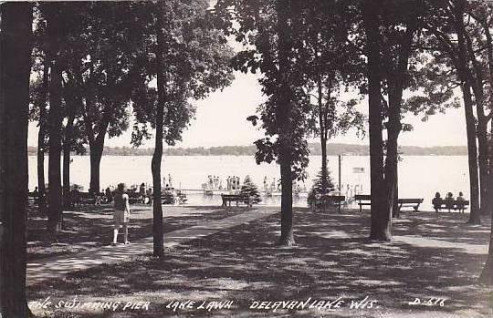 Wisconsin Delavan Lake Swimming Pier Lake Lawn 1945 Real Photo RPPC